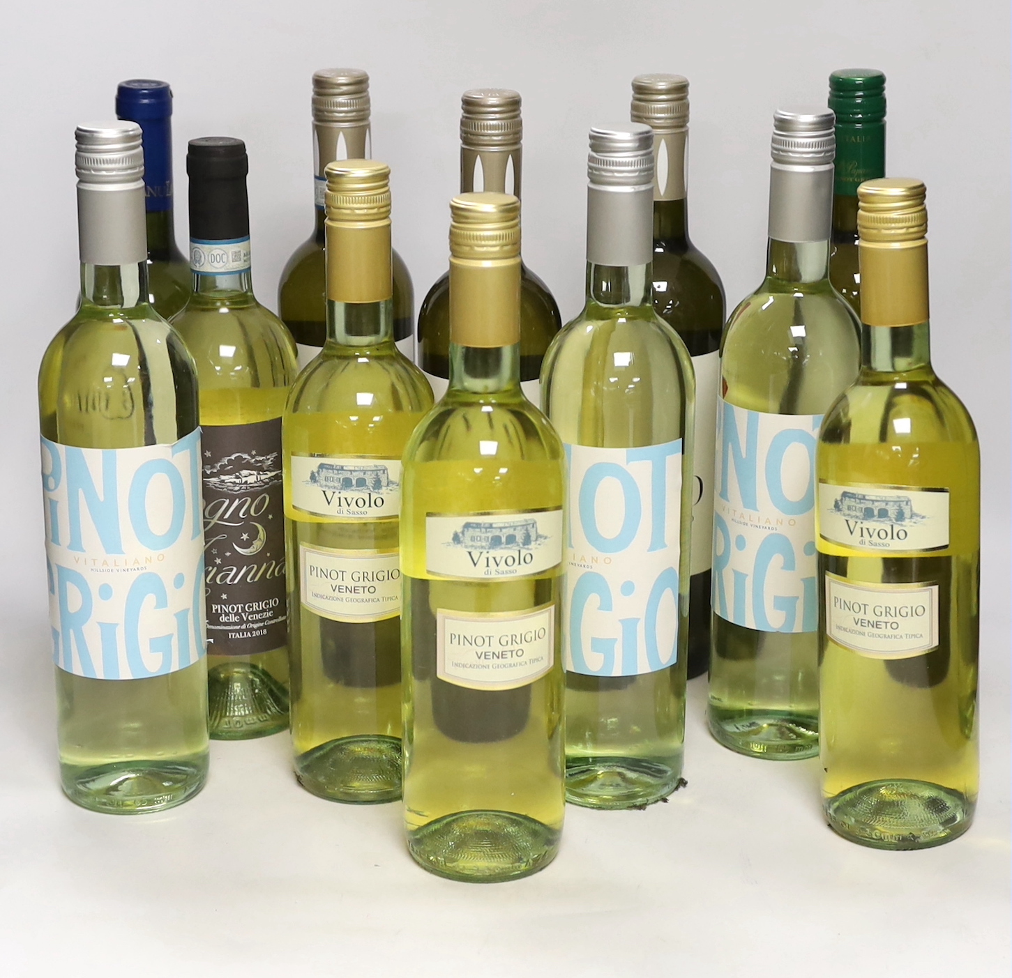 Twelve bottles of Pinot Grigio including a bottle of Campanula Elyria-Buda 2006